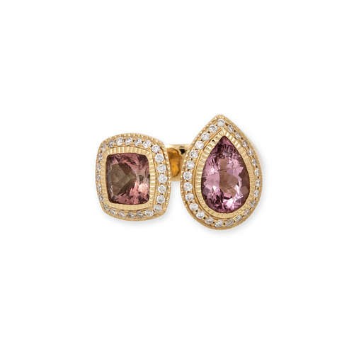 Pink Tourmaline Pear & Square Toi & Moi Ring with Pave Diamonds