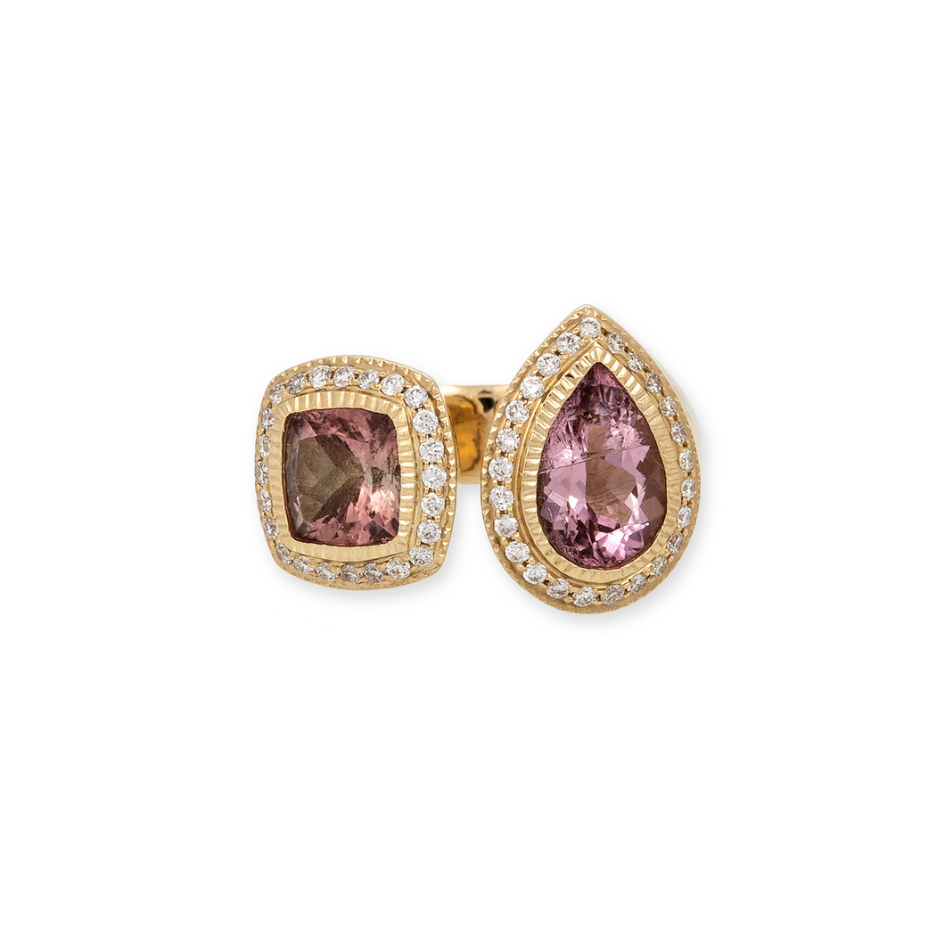 Pink Tourmaline Pear & Square Toi & Moi Ring with Pave Diamonds
