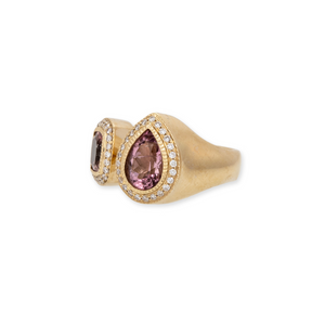 Pink Tourmaline Pear & Square Toi & Moi Ring with Pave Diamonds