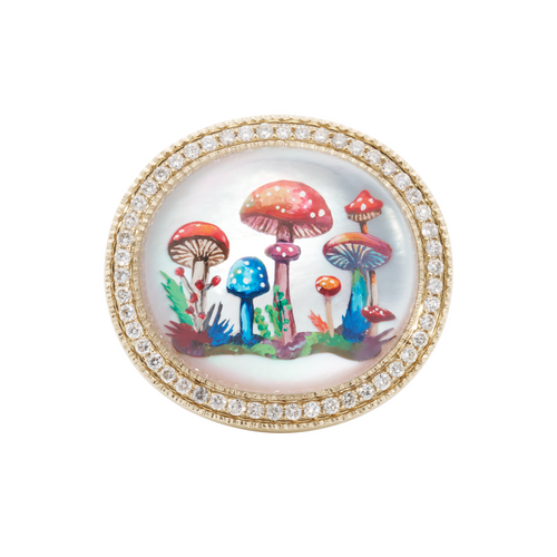 Hand Painted Pave Oval Mother of Pearl Mushroom Garden Signet Ring