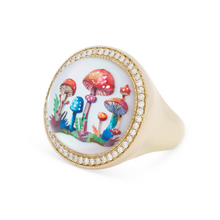 Hand Painted Pave Oval Mother of Pearl Mushroom Garden Signet Ring