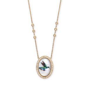Large Pave Diamond Hand Painted Mother of Pearl Hummingbird Necklace