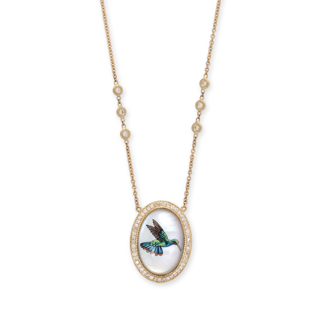 Large Pave Diamond Hand Painted Mother of Pearl Hummingbird Necklace