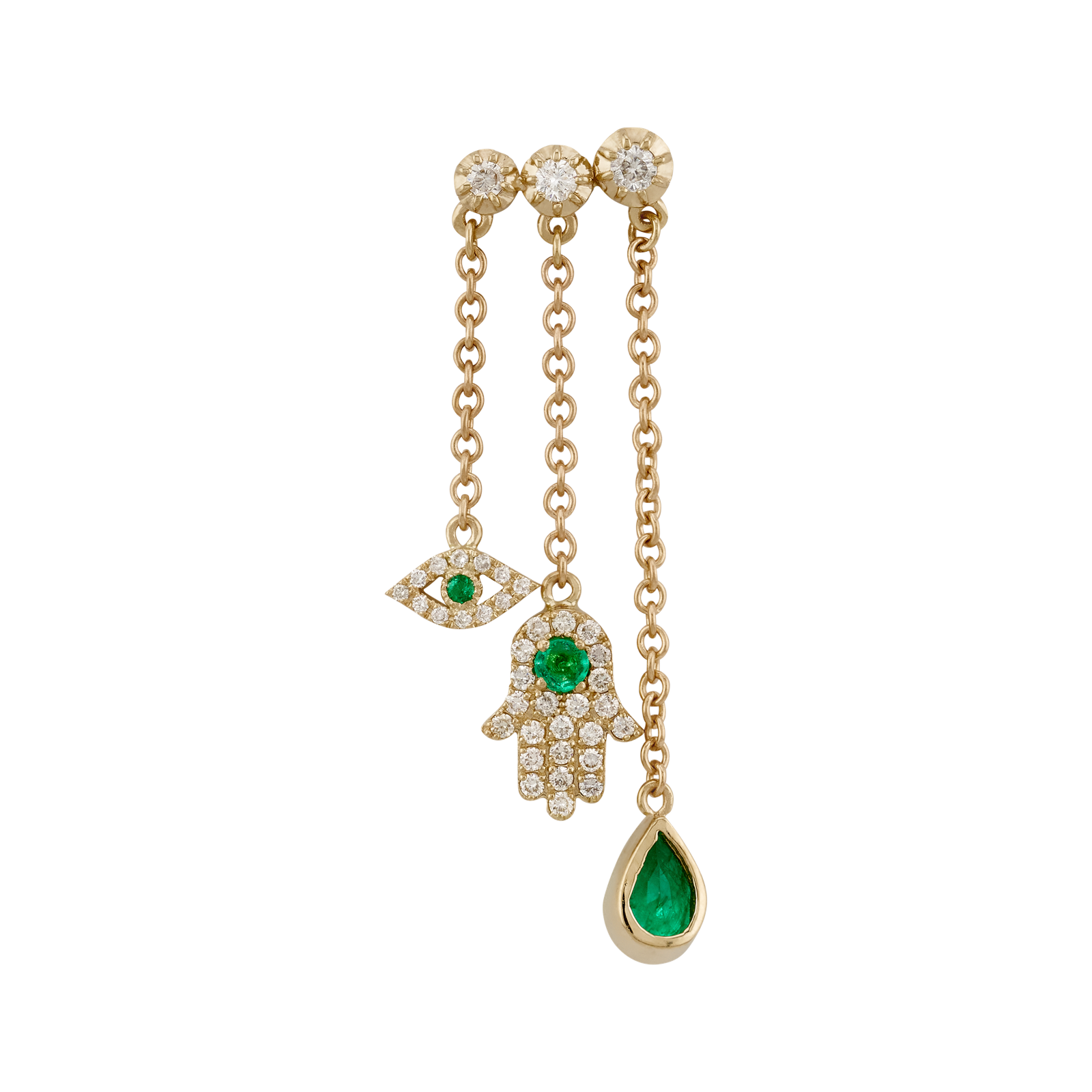 Trio Sophia Emerald & Diamond Pave Protection Chain Drop Stud Earring