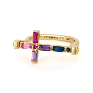 Double Sided Diamond & Emerald or Rainbow Baguette Cross Flip Ring