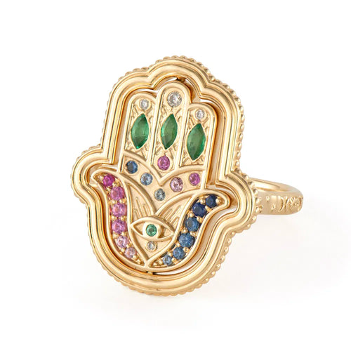 Large Rainbow & Diamond Hamsa Flip Ring