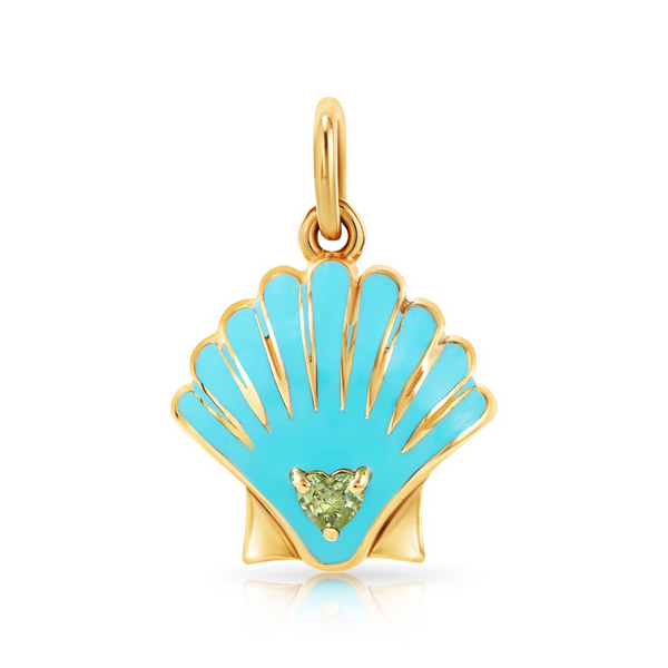 Enamel & Green Sapphire Heart Clam Shell Charm