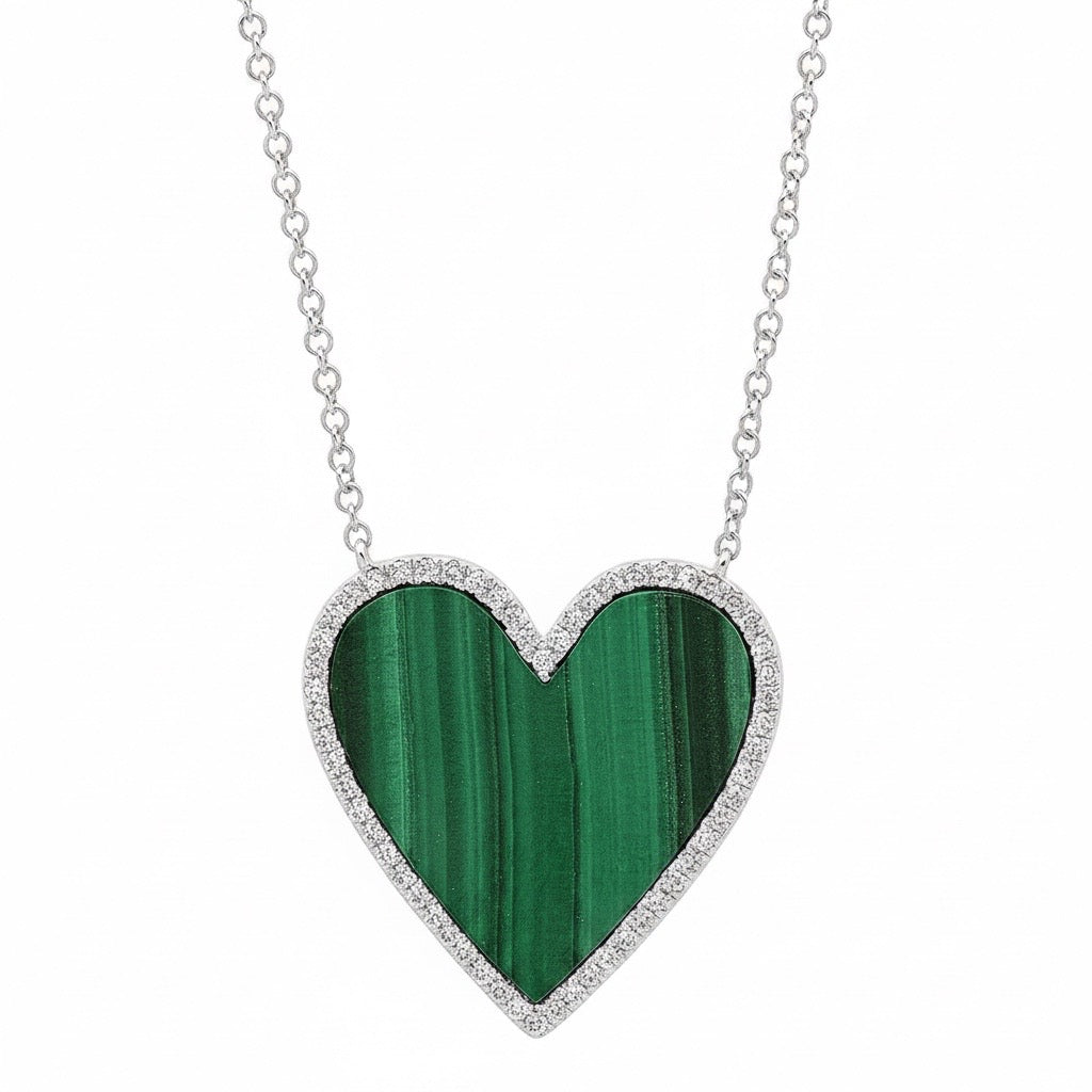 Malachite Heart Necklace with Diamond Frame