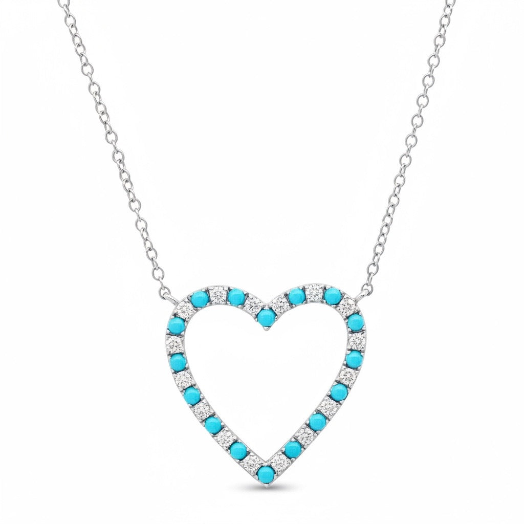 Diamond and Turquoise Open Heart Pendant Necklace