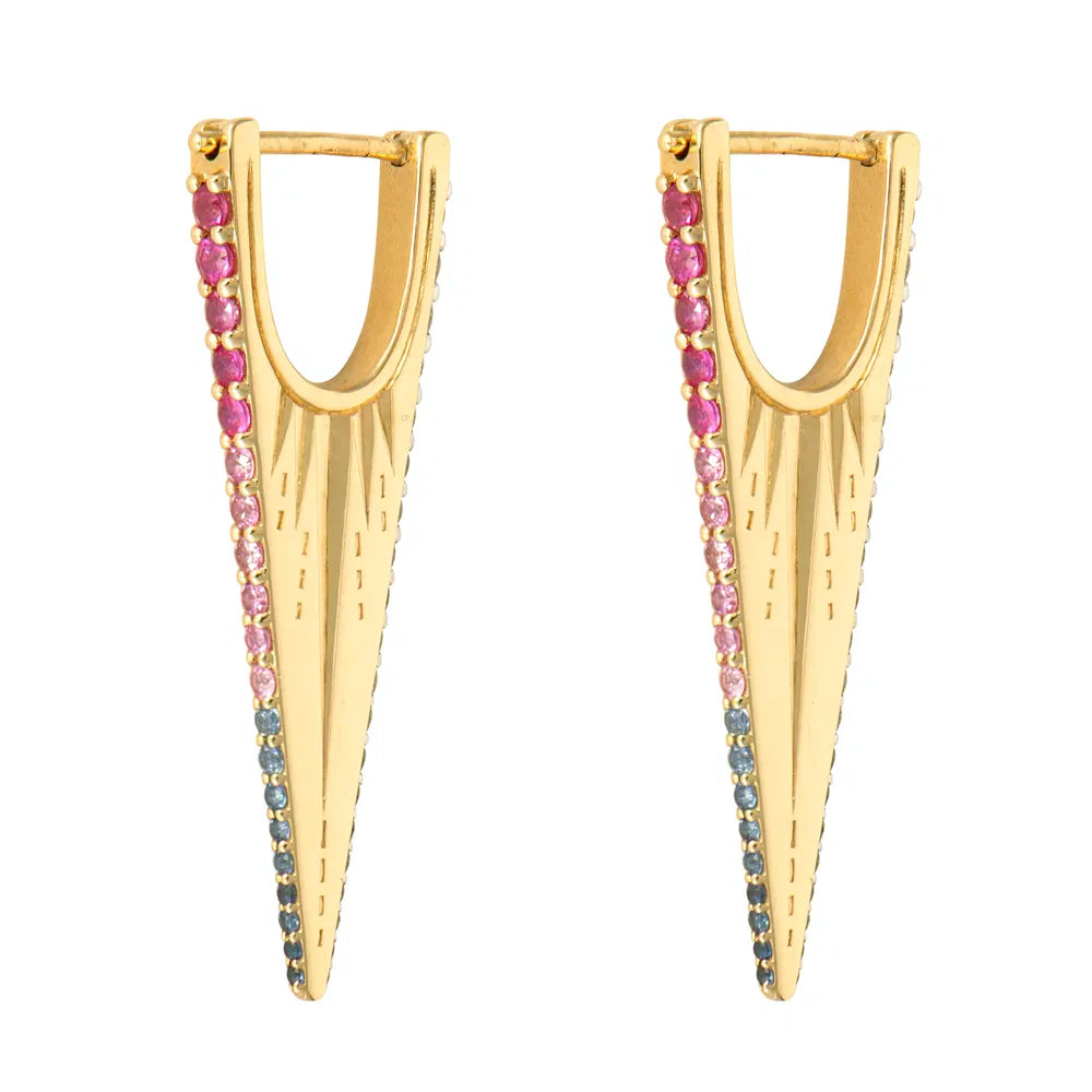 Elongated Double Sided Diamond & Sapphire V Hoop Earring