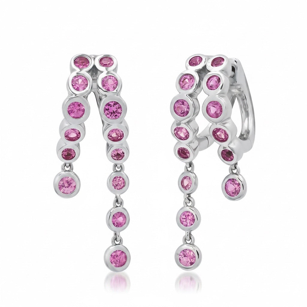 Bezel Set Diamond or Pink Sapphire Split Huggie Hoop Earrings with Long Dangle