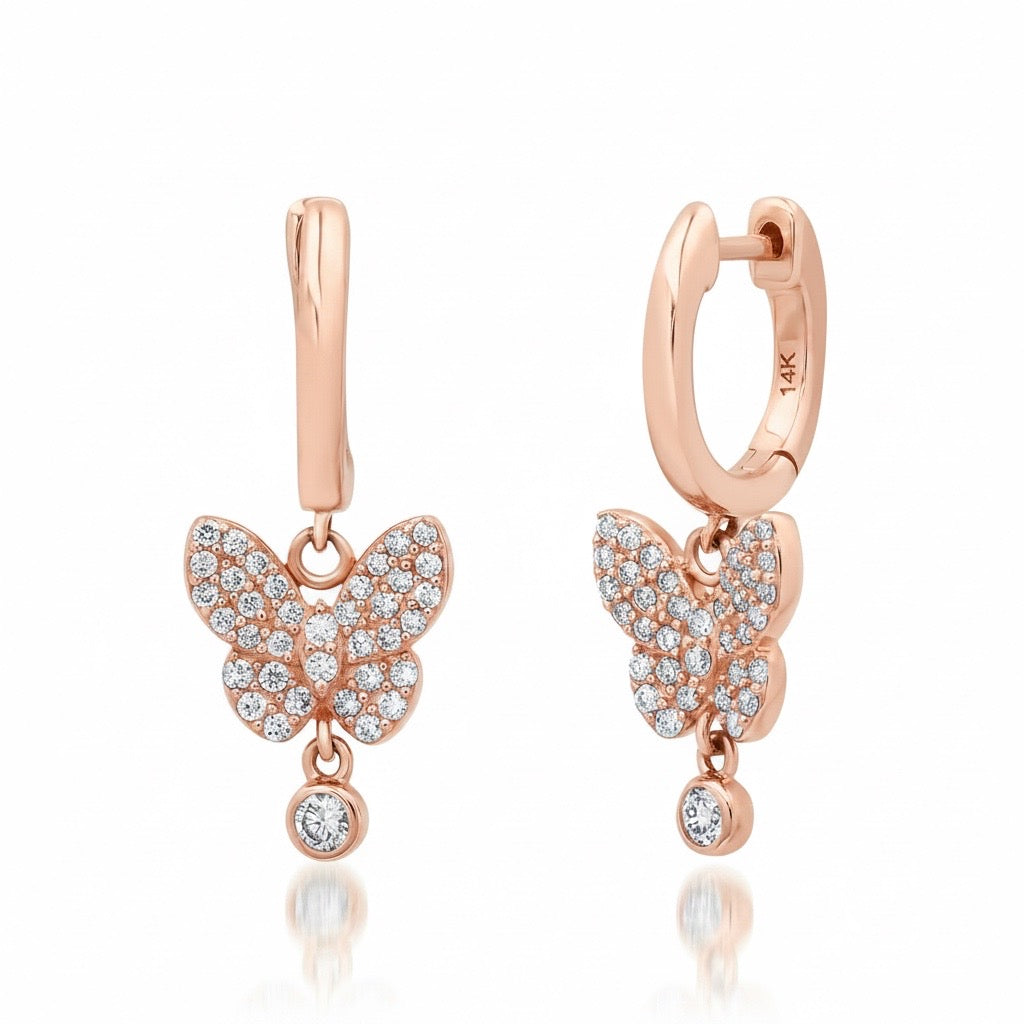 Diamond Butterfly Drop Huggie Hoop Earrings