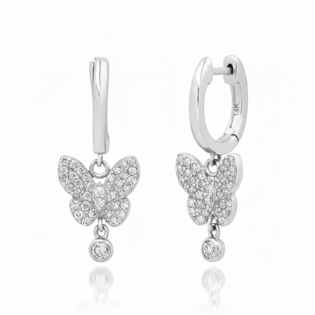 Diamond Butterfly Drop Huggie Hoop Earrings
