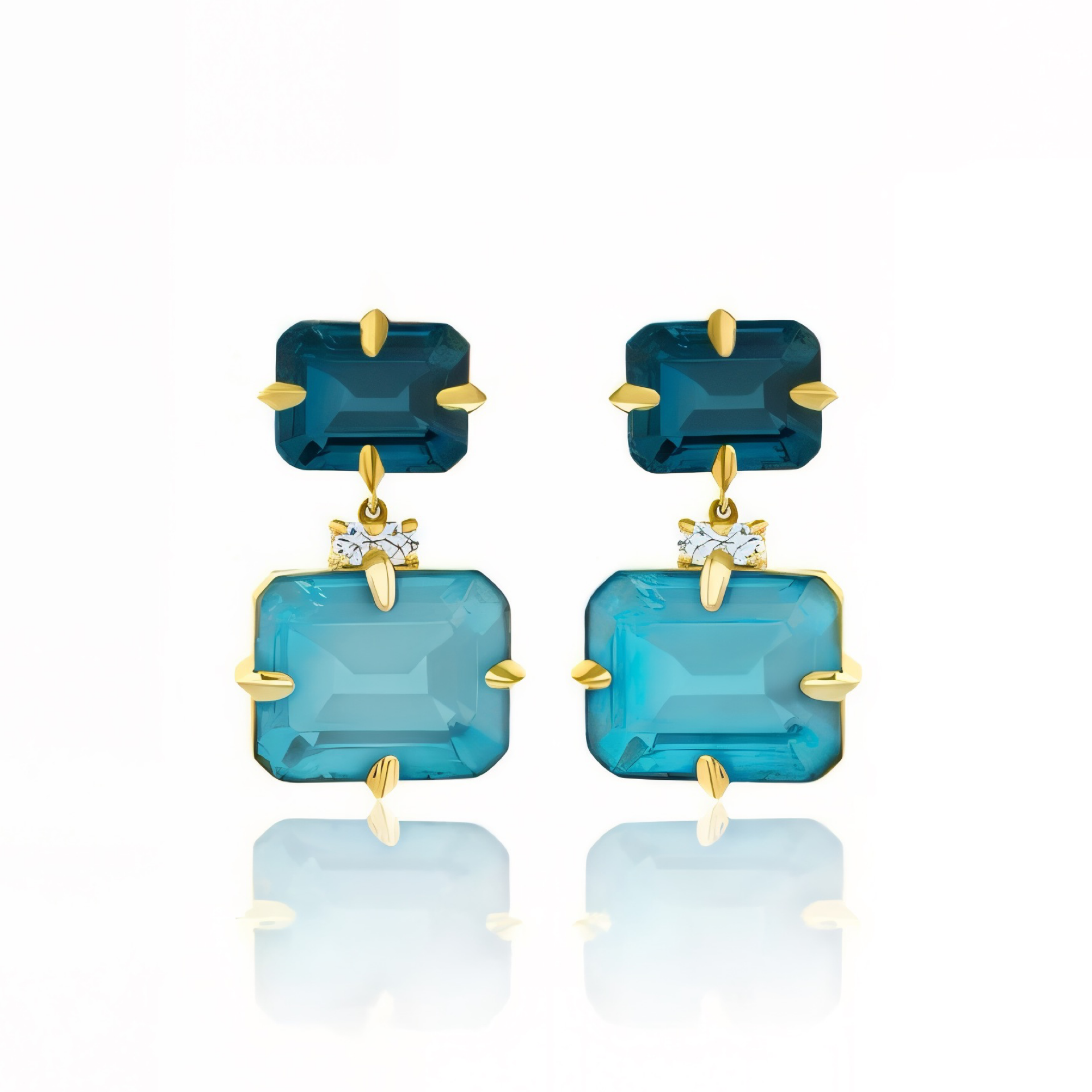 East West Blue Topaz & Diamond Double Drop Earrings