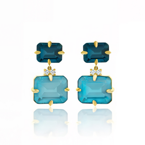 East West Blue Topaz & Diamond Double Drop Earrings