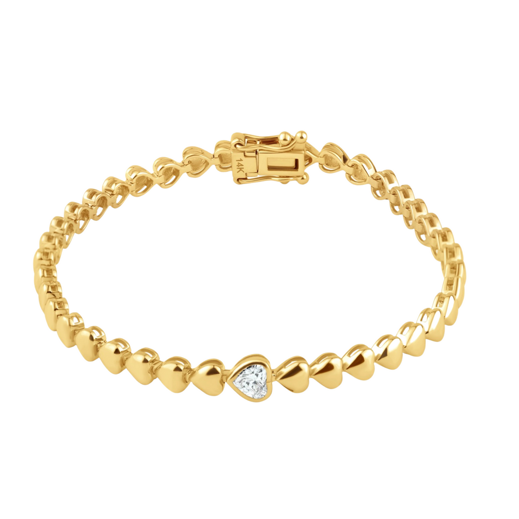 Polished Gold Heart Tennis Bracelet & Bezel Set Diamond 