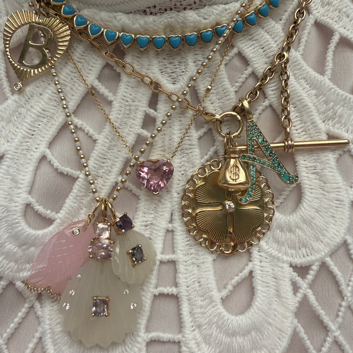 Large Pink Tourmaline Heart & Diamond Bezels Gem Candy Necklace