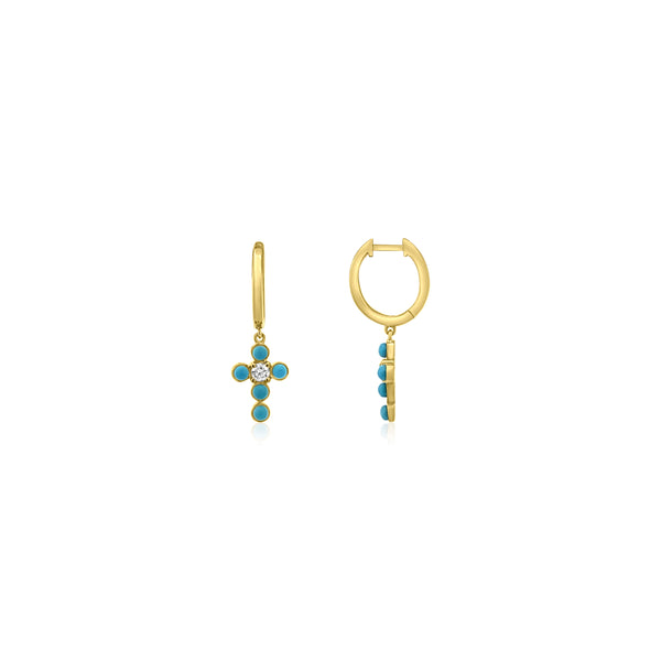 Turquoise & Diamond Cross Huggie Hoop Earrings