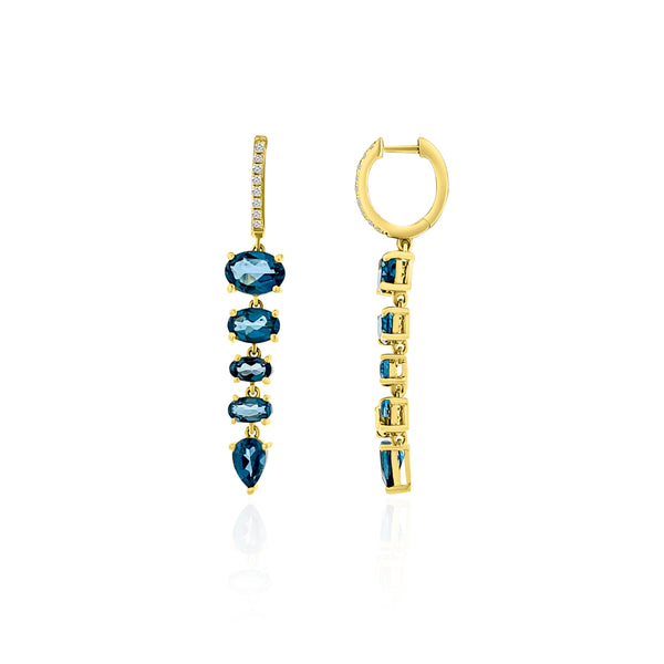 Multi-Shape Blue Topaz Drop Diamond Huggie Hoop Earrings