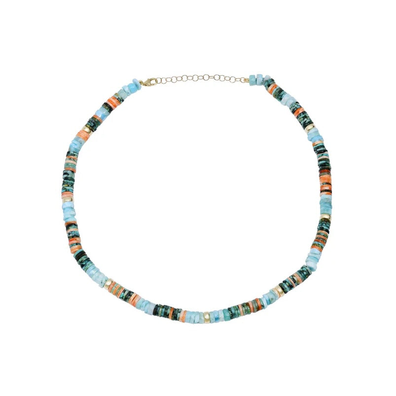 Larimar & Spiny Oyster Turquoise Chain or Adjustable Beaded Necklace with Gold Beads