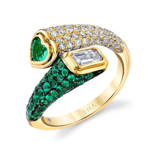 Mixed Emerald & Diamond Pave Bypass Pinky Ring
