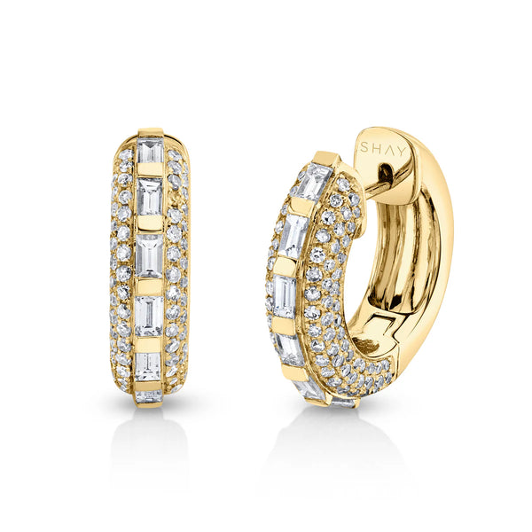 Mixed Pave & Baguette Diamond Huggie Hoop Earrings