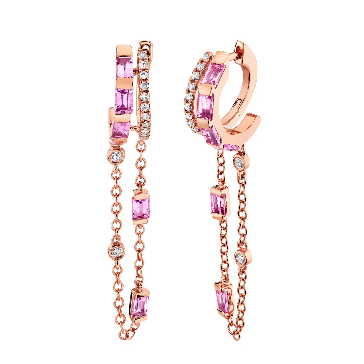 Double Mixed Diamond & Pink Sapphire Fringe Huggie Earrings