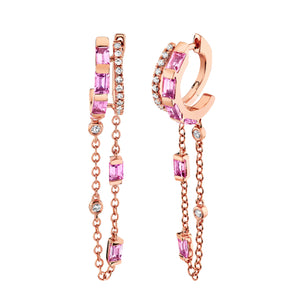 Double Mixed Diamond & Pink Sapphire Fringe Huggie Earrings