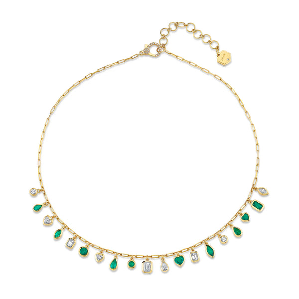 Mixed Emerald & Diamond Bezel Drop Necklace