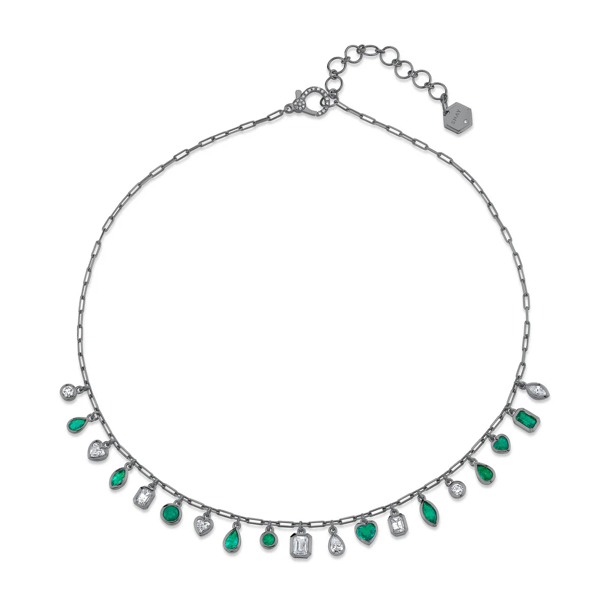 Mixed Emerald & Diamond Bezel Drop Necklace