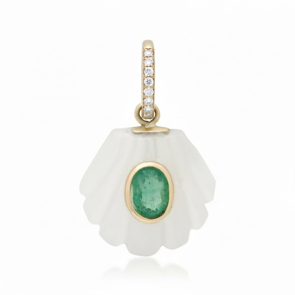 Small Moonstone Shell with Oval Emerald & Diamond Bail