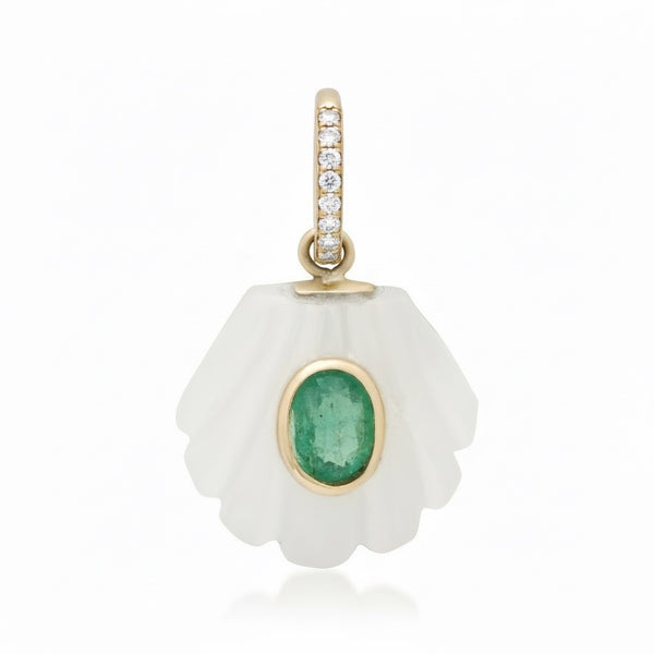 Small Moonstone Shell with Oval Emerald & Diamond Bail