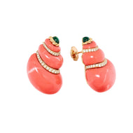 Gemstone & Diamond Swirl Shell Statement Earrings - coral/malachite