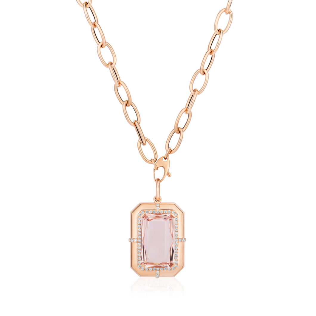 Emerald Cut Morganite Pendant with Diamonds