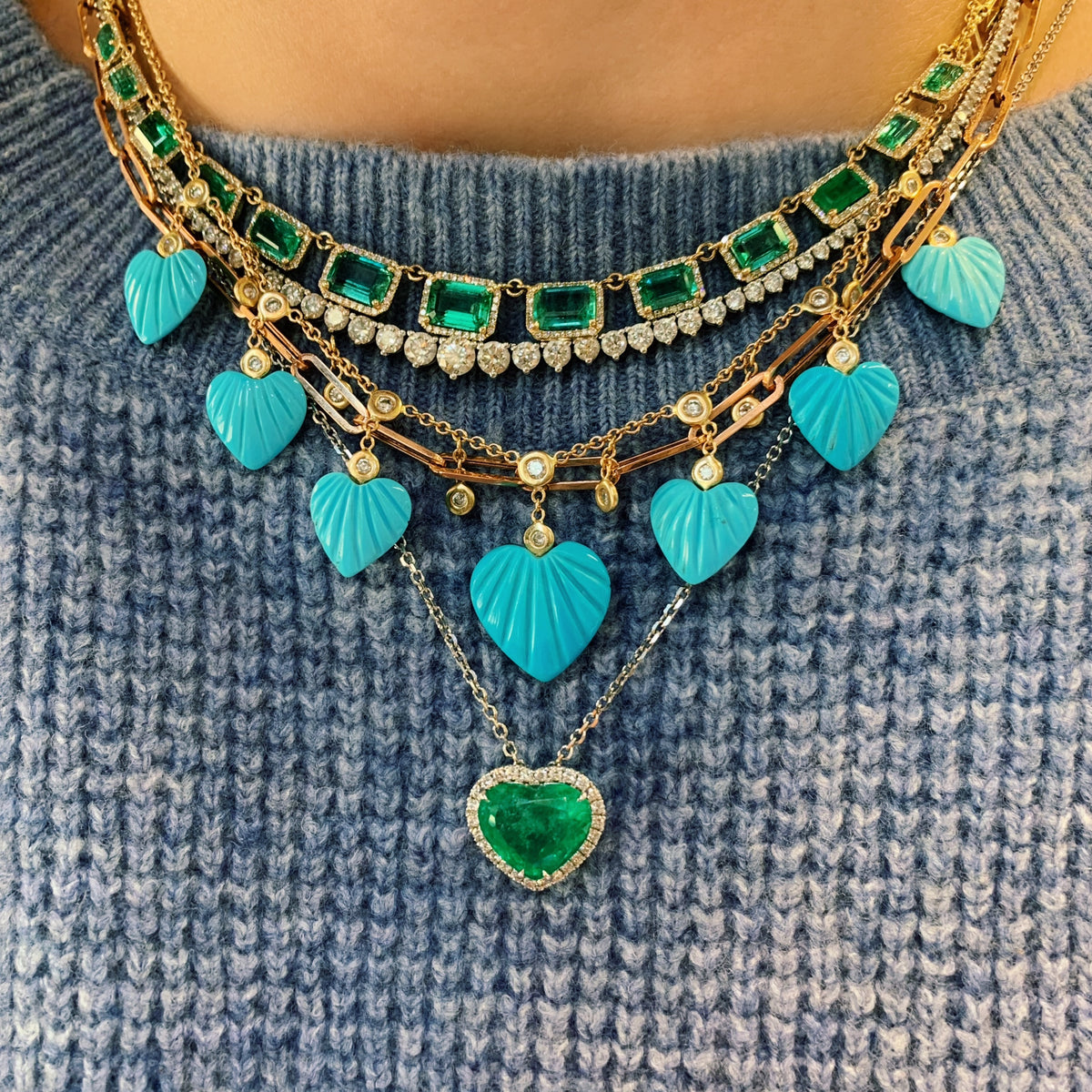 Carved Turquoise Hears & Diamond Dangle Necklace