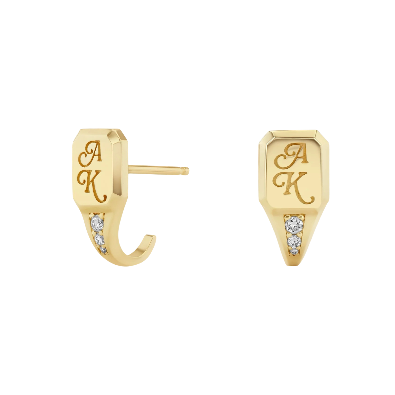 Engravable Pave Diamond Signet J Hoops