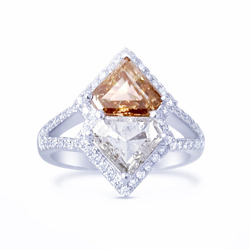 Double Shield Angular Ring In Fancy Cognac & White Diamond