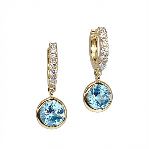 Small Diamond Hoop Earrings with Blue Topaz Charms