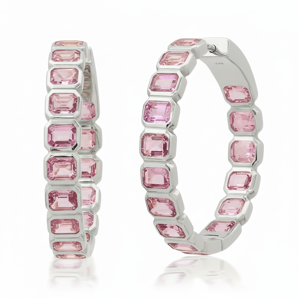 Stunningly Stacked Bezel Set Pink Sapphire Hoops
