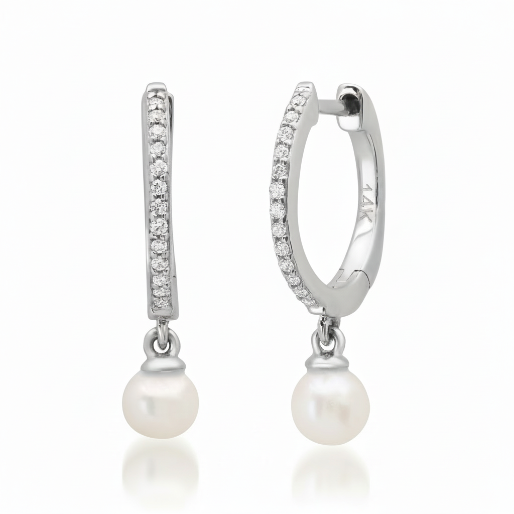 Pretty Pearl Dangle & Pave Diamond Huggie Hoop Earrings