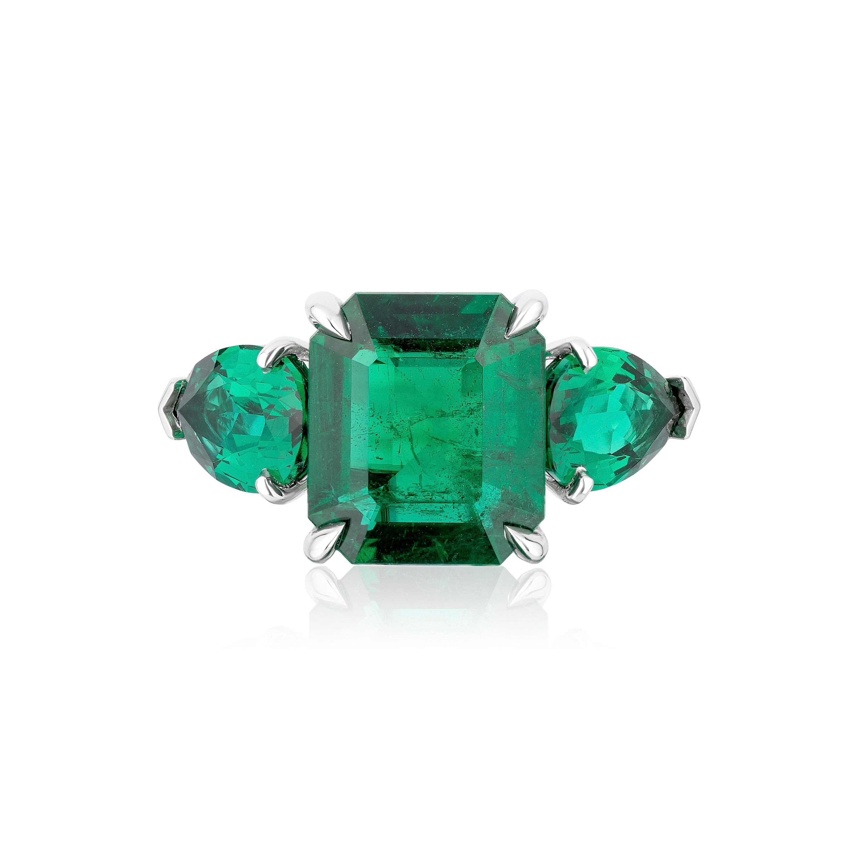 Three Stone Emerald Ring in White Platinum with Diamonds