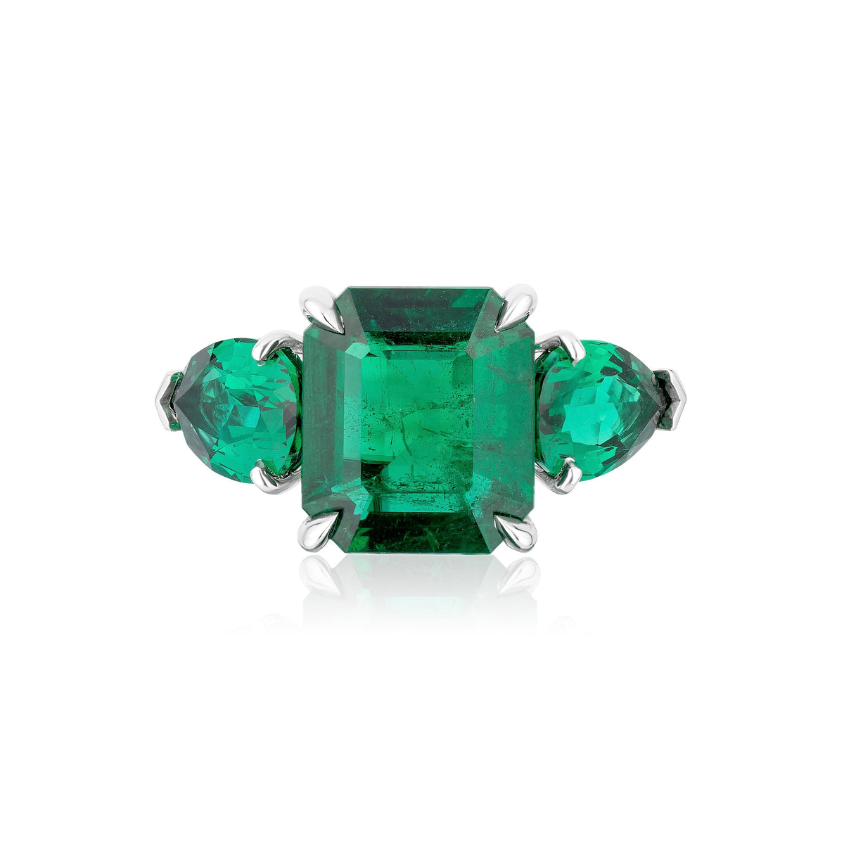 Three Stone Emerald Ring in White Platinum with Diamonds