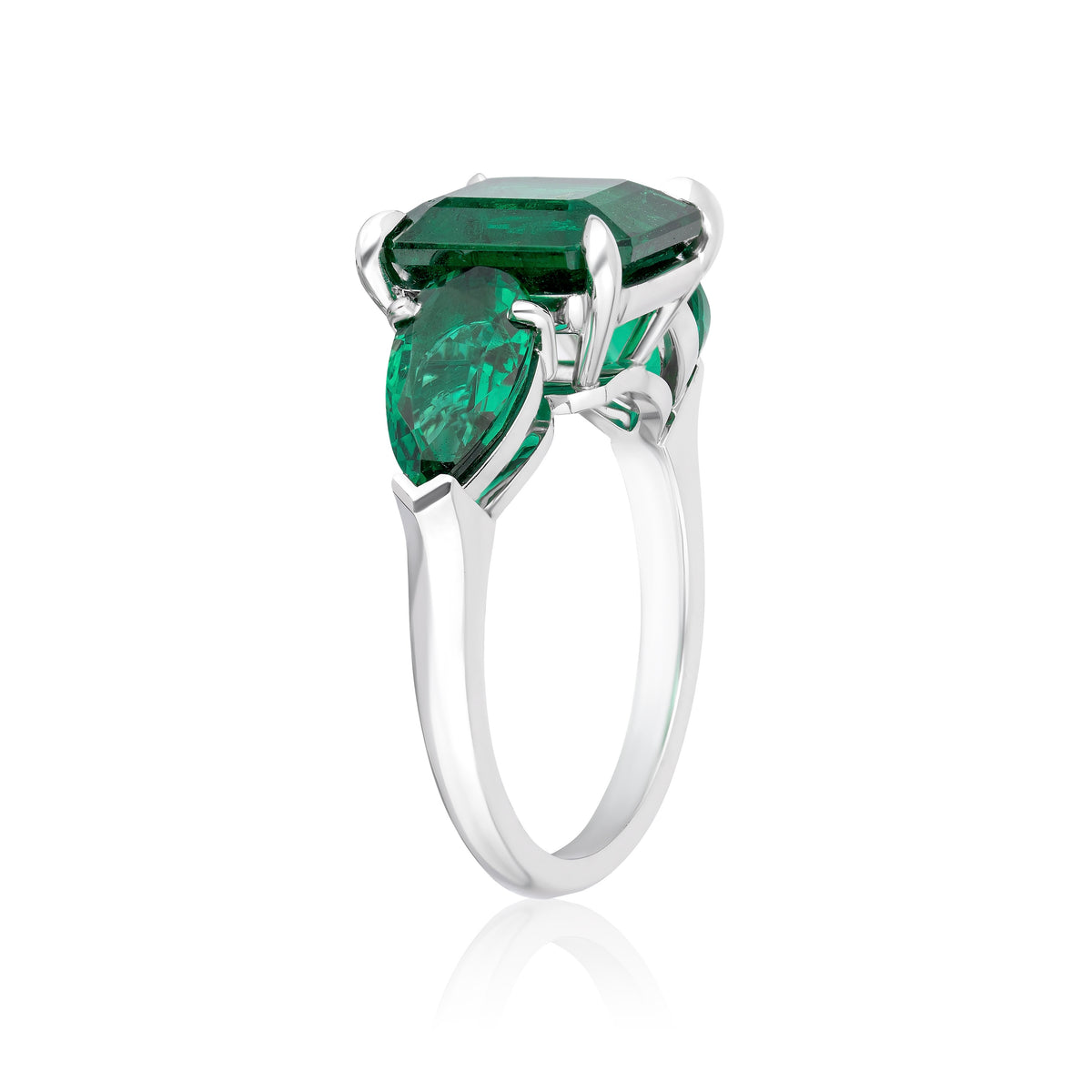 Three Stone Emerald Ring in White Platinum with Diamonds