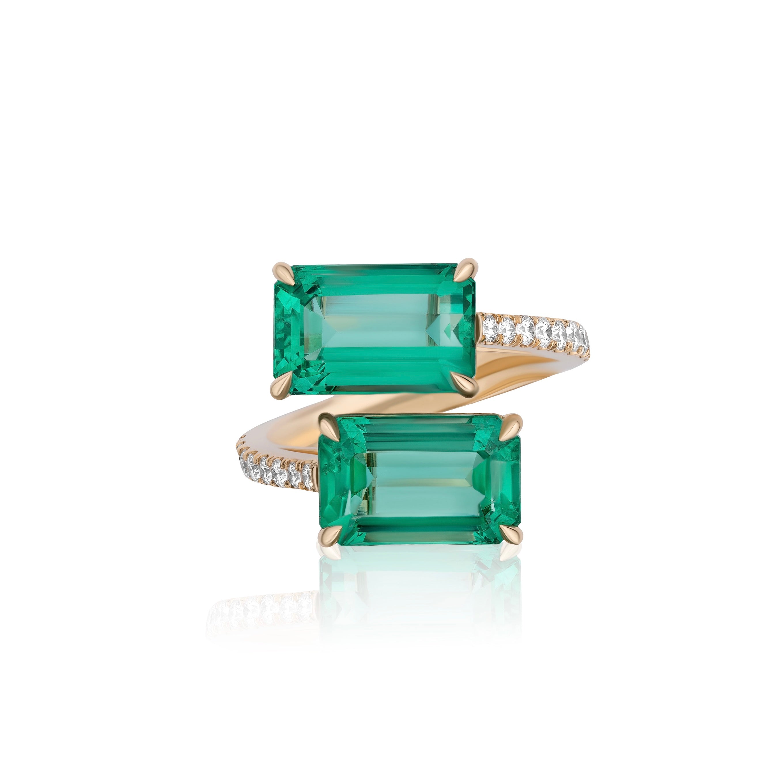 Emerald Crossover Two Stone Ring with Diamonds