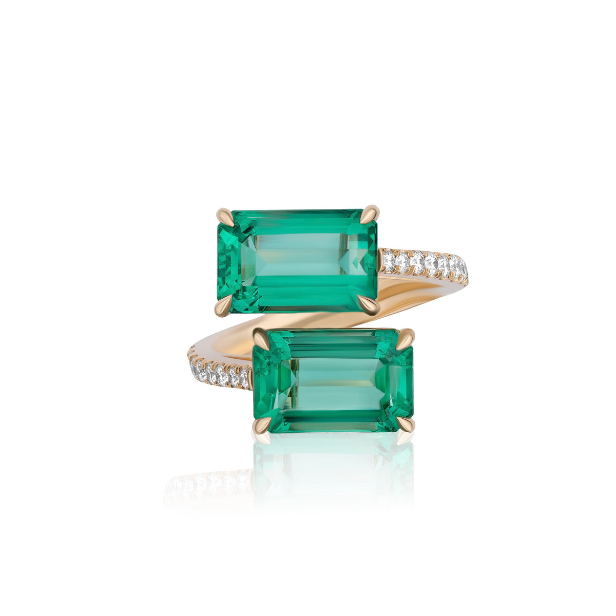 Emerald Crossover Two Stone Ring with Diamonds