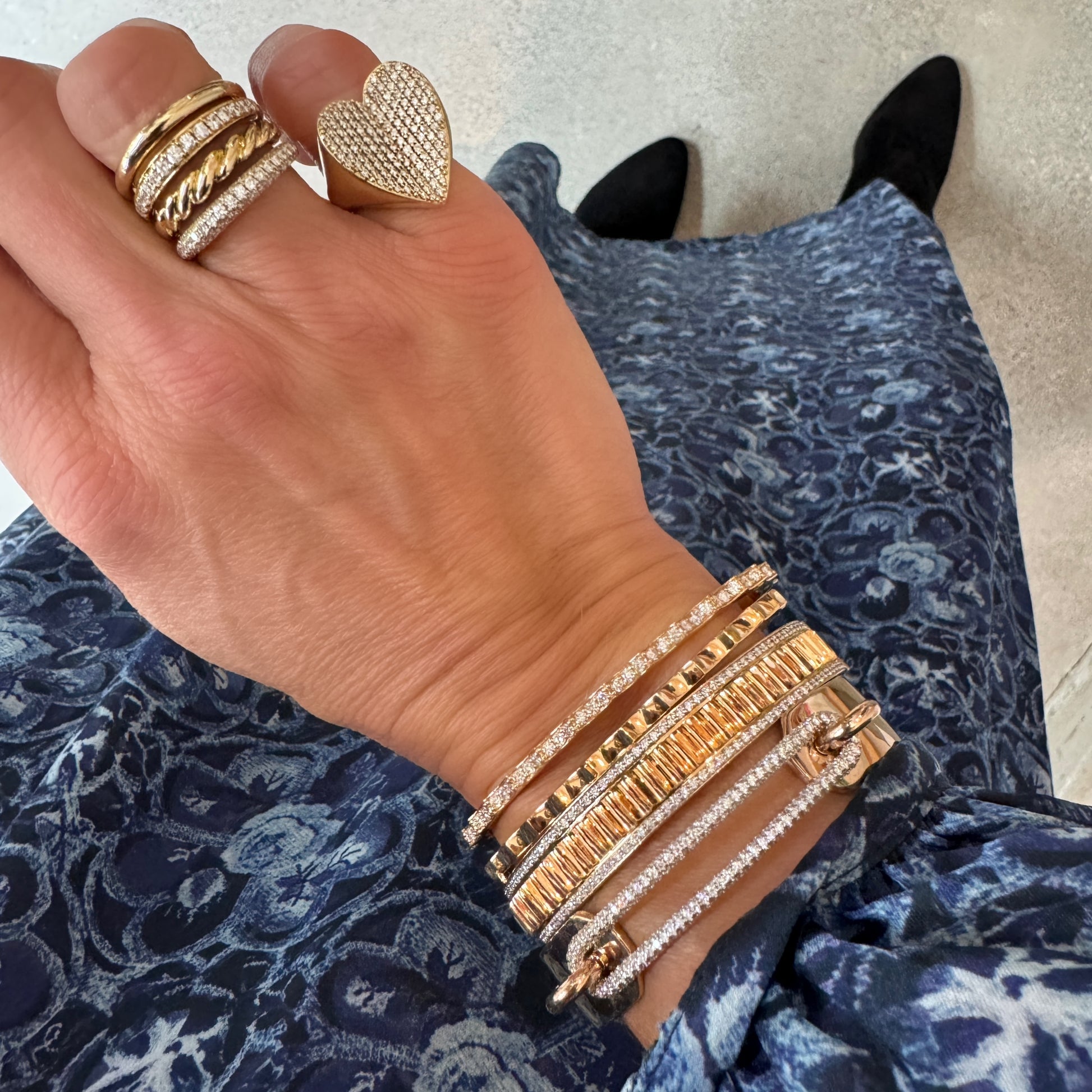 Morrell Gold Cuff Bangle Bracelet with Elongated Diamond Link