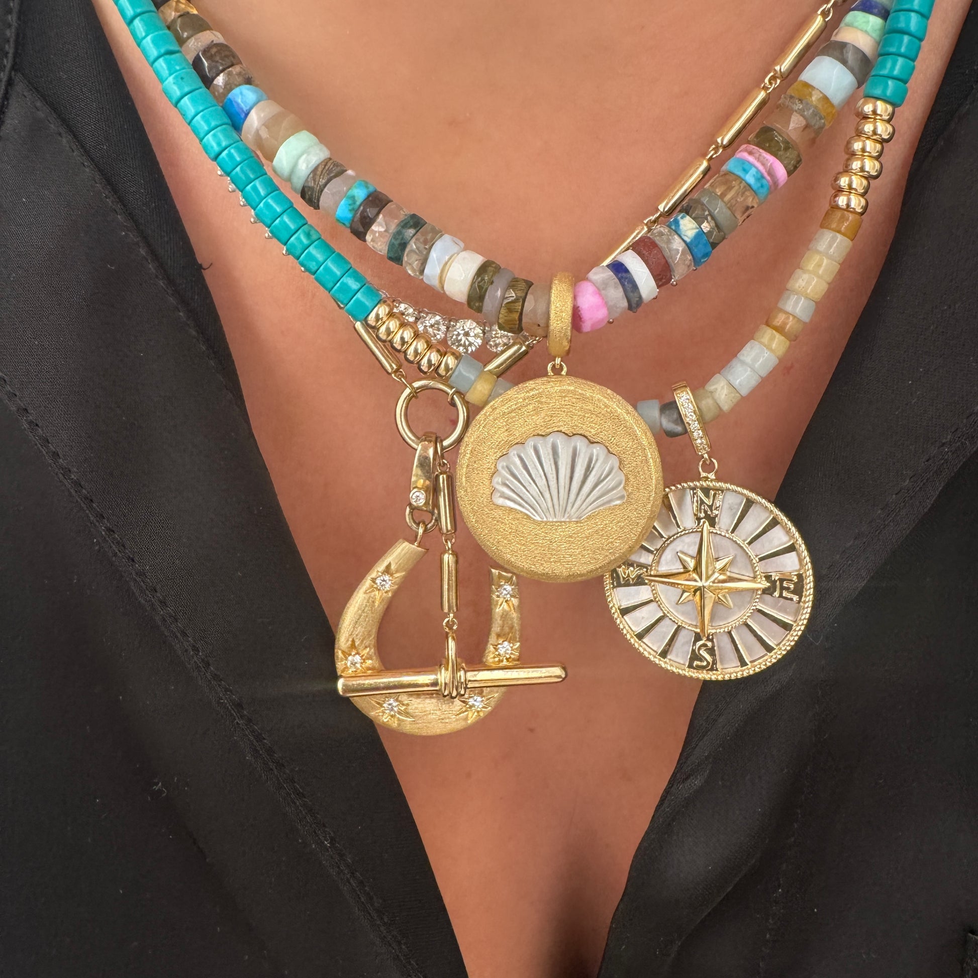 Mother of Pearl Coin Compass Charm