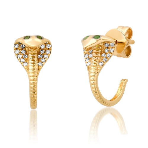 On Guard Diamond & Emerald Cobra Snake Stud Earrings