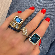 One of a Kind Emerald Cut London Blue Topaz Ring with Diamond Frame