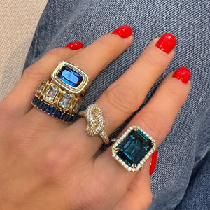 One of a Kind Emerald Cut London Blue Topaz Ring with Diamond Frame